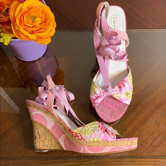 Coach Shoes - Coach Rachel Flower & Ribbon Cork Wedge Heels